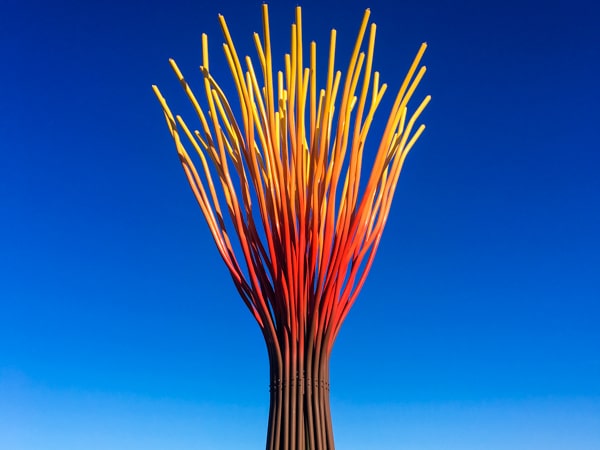 The top half of a large outdoor sculpture called Persephone. Somewhat resembles a tree without leaves. Trunk is green, and branches are red and yellow.