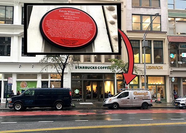 Starbucks Coffee exterior. An enlarged photo of a historical plaque marking it as a famous home is photoshopped onto the top of the photo.