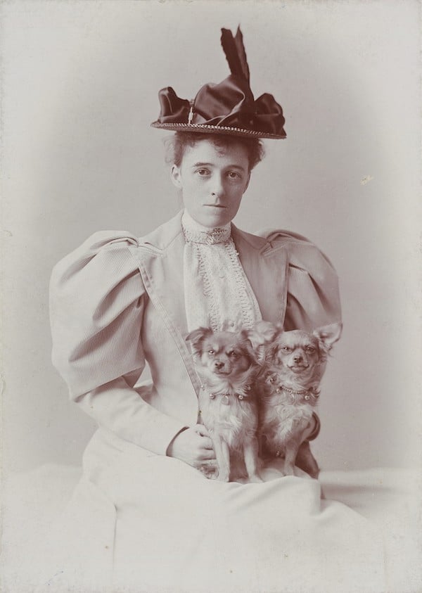 Sepia-toned photo of Edith Wharton in 19th century dress and hat. Two small dogs sit on her lap. 