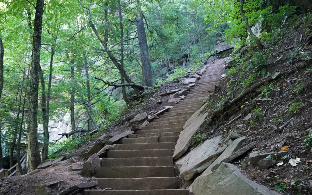 A set of concrete steps set into the hillside of a steep hiking path.