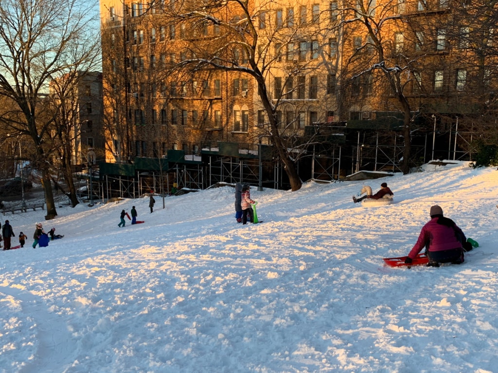 People sledding down a snowy hill in the park.