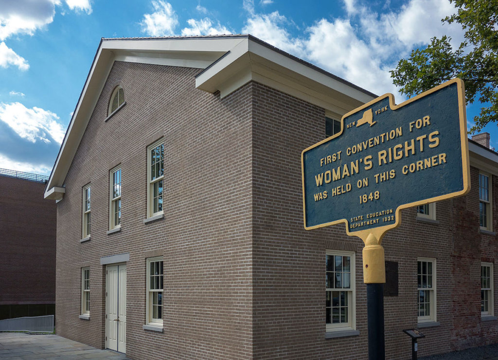 Exterior of Wesleyan Chapel in Seneca Falls, NY. A historical marker states that it is the site of the First Convention for Woman's Rights.