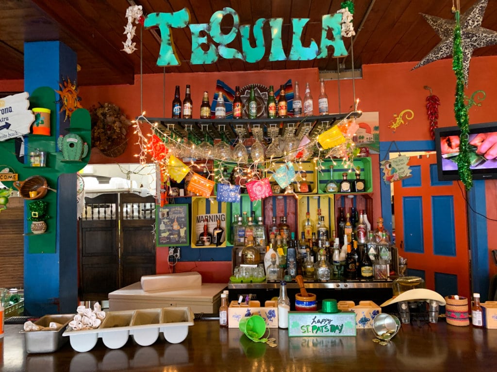 Colorfully decorated bar in Mexican restaurant.