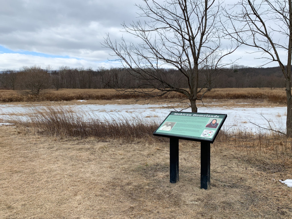 Landscape showing a frozen marsh and an interpretive sign about the area. 