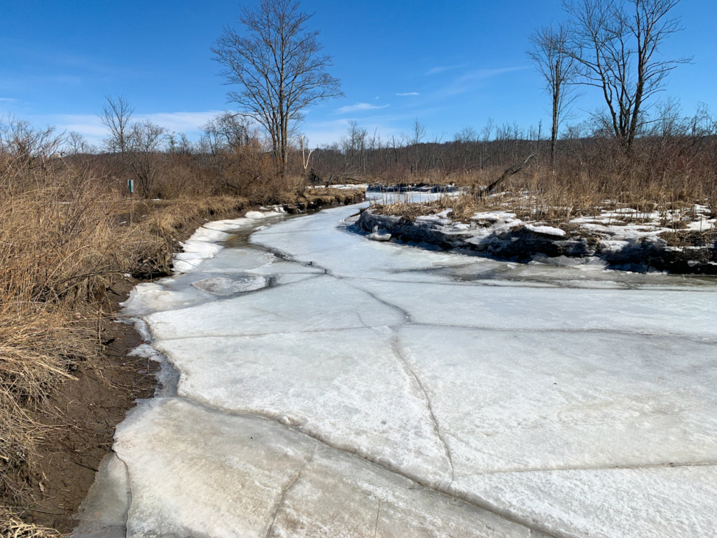 Frozen creek with some cracks in the ice.