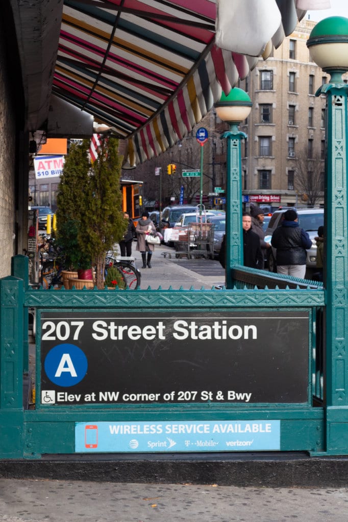 Sign for the A train subway at 207 Street Station.