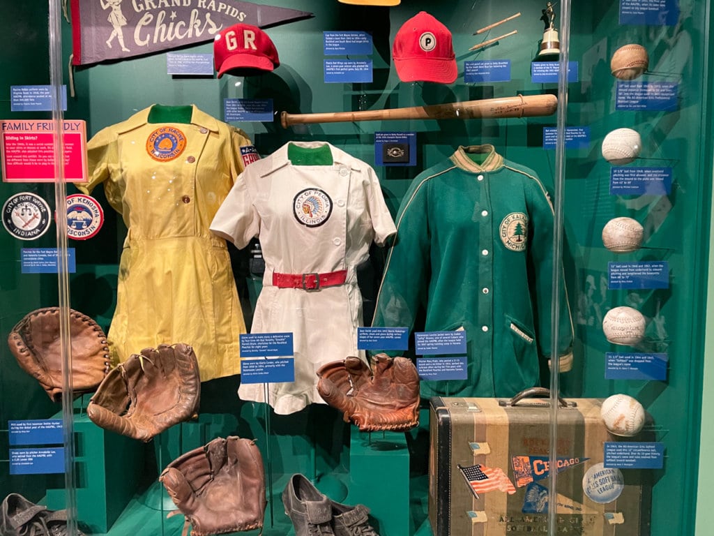 Women's 1940s baseball uniforms and equipment at the Baseball Hall of Fame and Museum in Cooperstown, NY.