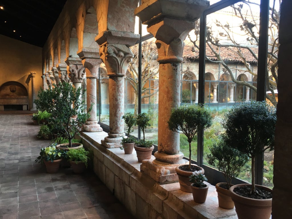 View of cloisters and courtyard.