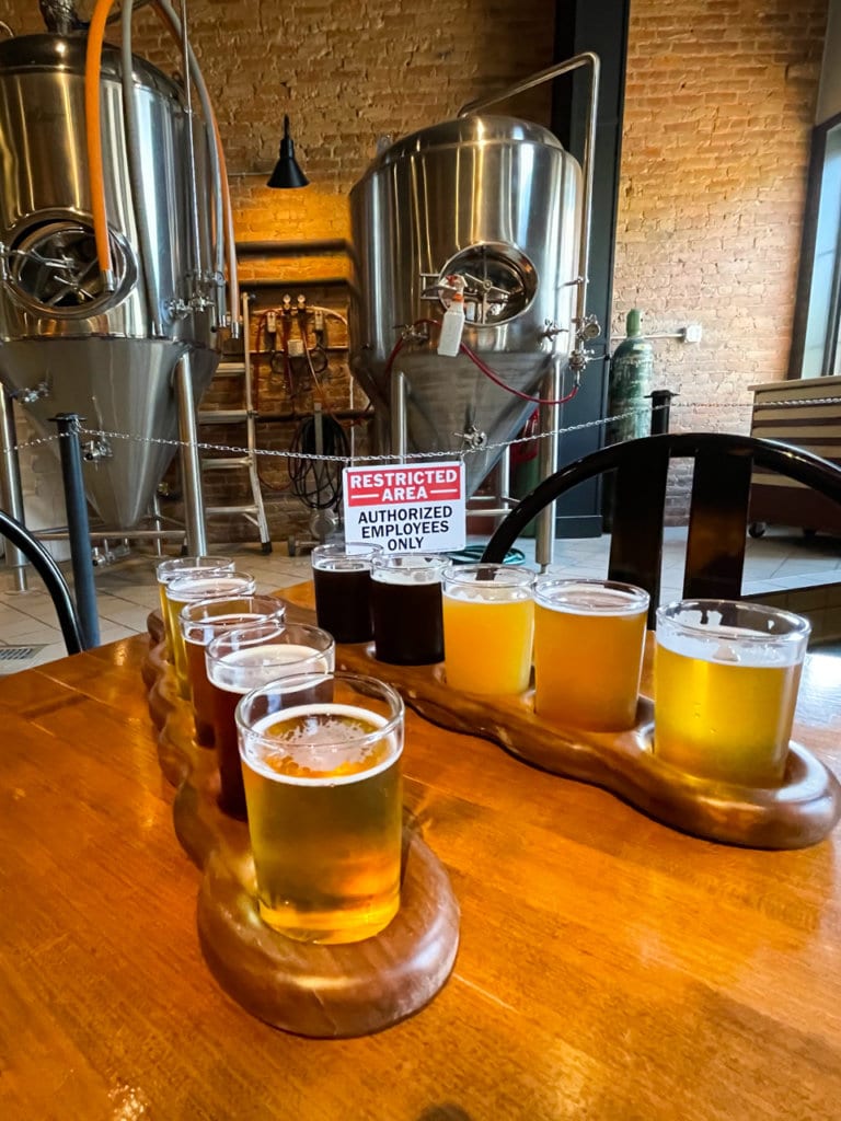 Two beer flights at a brewery.