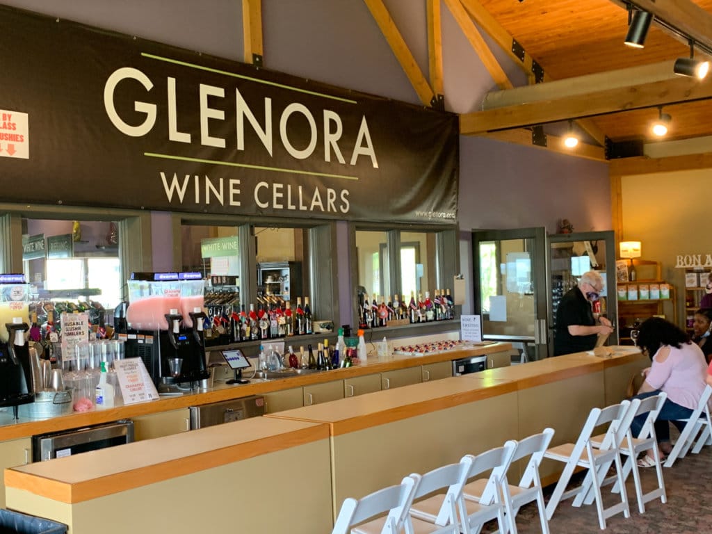 Wine tasting station inside Glenora Wine Cellars. 