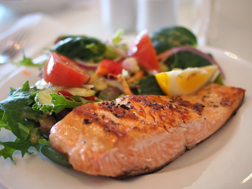 Grilled salmon with a side salad on a white plate. 