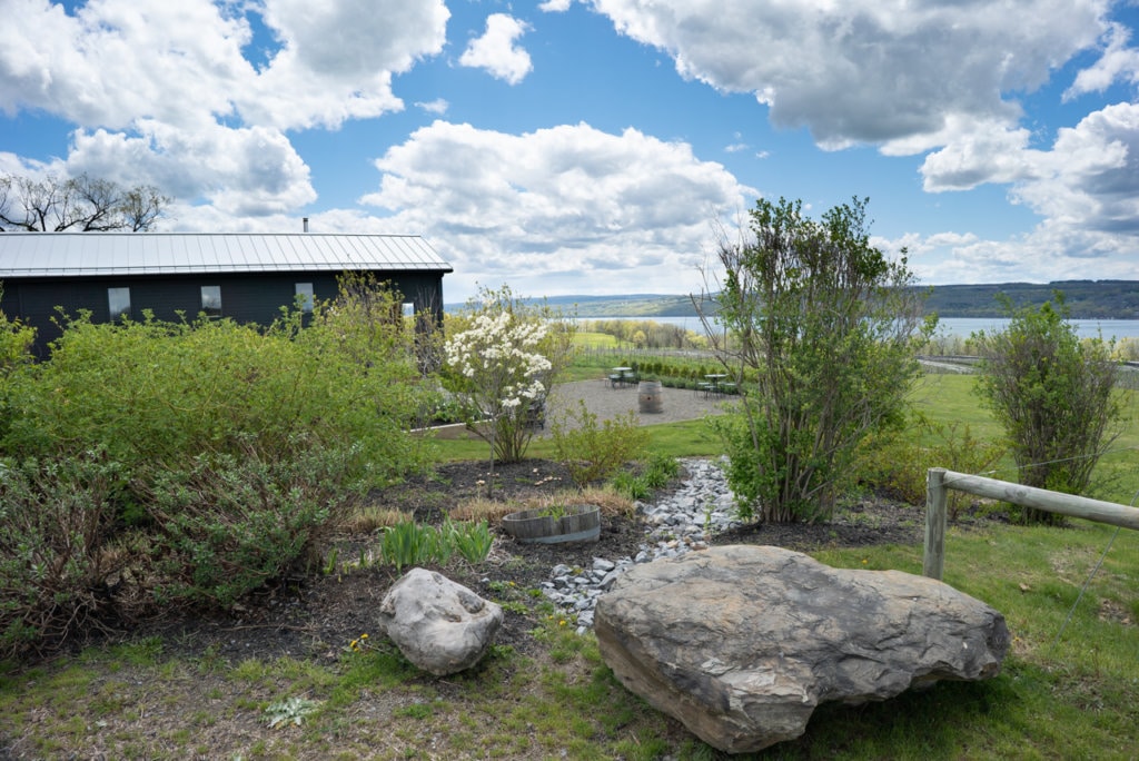 A rock and shrub garden with a brown building and the lake in the background. 