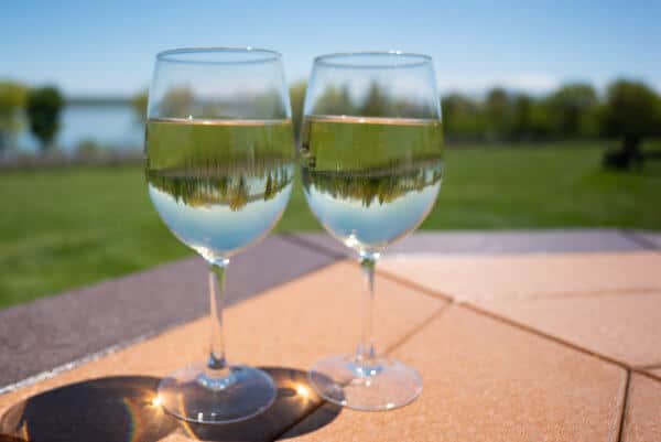 Close-up of two wine glasses filled with white wine. Vineyards behind them are reflected in the glasses.