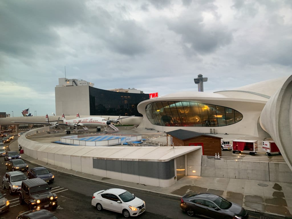 View of the exterior of Terminal 5, TWA Hotel at JFK Airport.