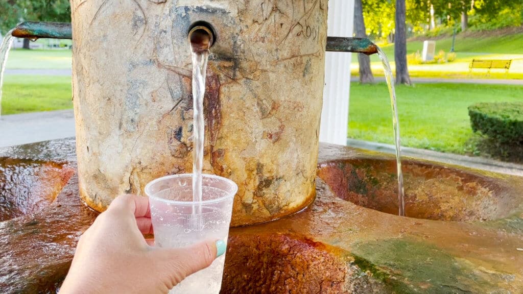 A hand holding a plastic water cup under a natural water fountain in the park.