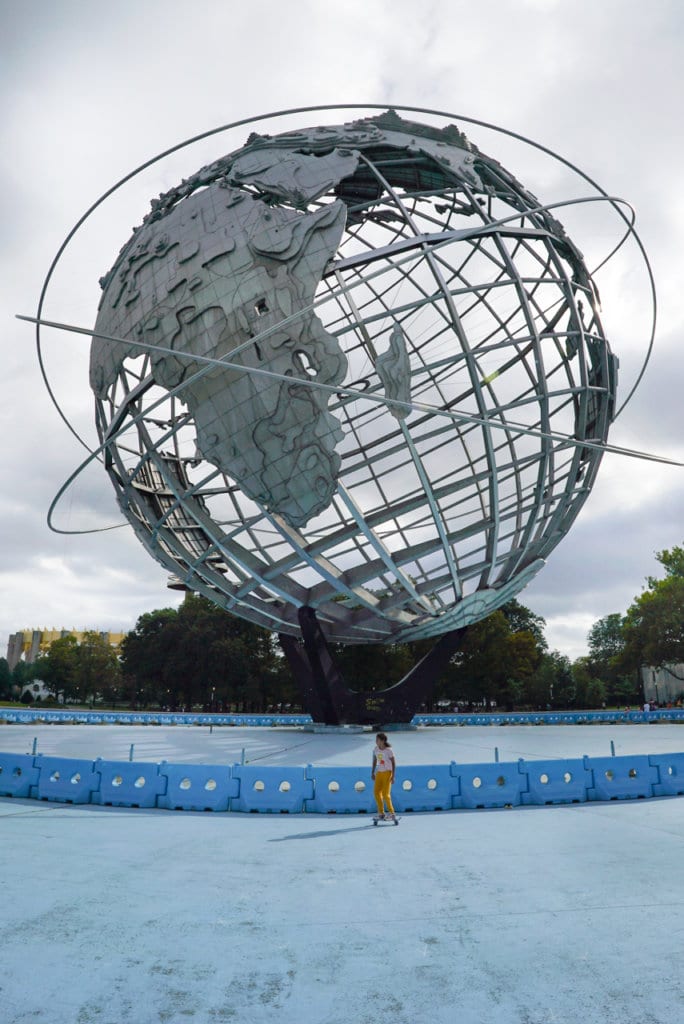 Large spherical stainless steel globe in Flushing Meadows Corona Park.