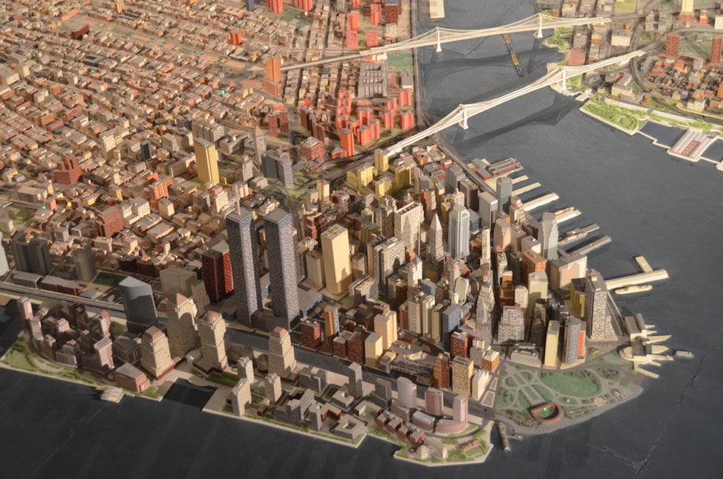 Miniature panorama of Lower Manhattan and bridges connecting to Brooklyn.