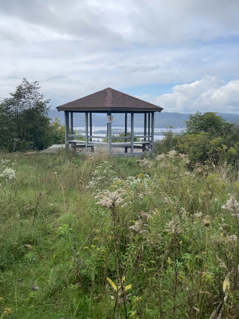 Gazebo in a meadow of wildflowers, overlooking a lake in the distance.