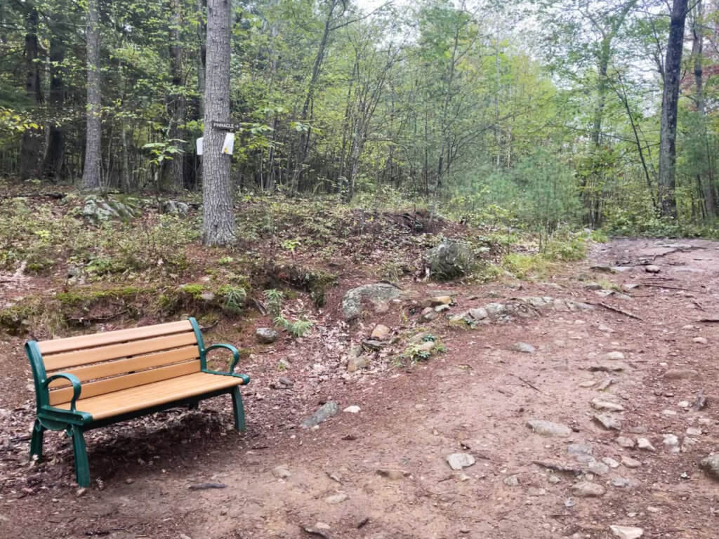 Bench on the side of a rocky hiking trail in Lake George.