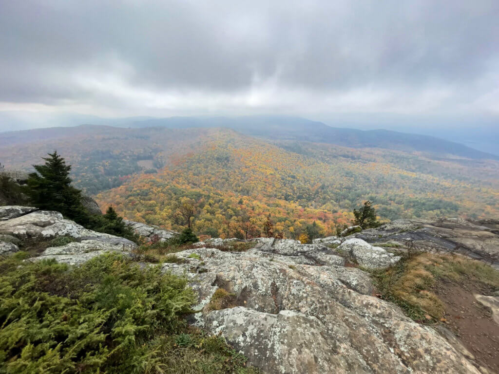 View from a mountain summit of a forest full of colorful autumn leaves.  