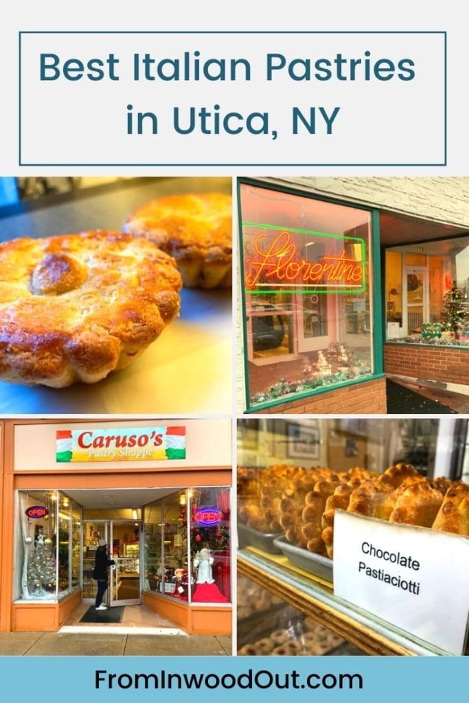 Pinterest graphic with a collage of four photos showing pastries and bakery storefronts. Text overlay says Best Italian Pastries in Utica, NY.