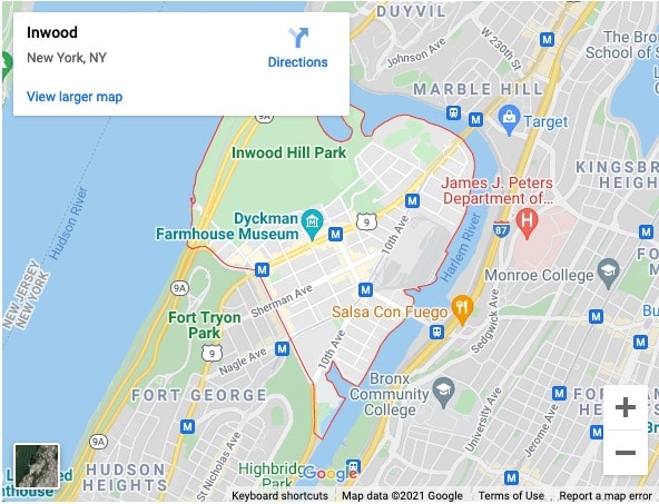 Screenshot of a Google map image of Inwood, New York, NY. 