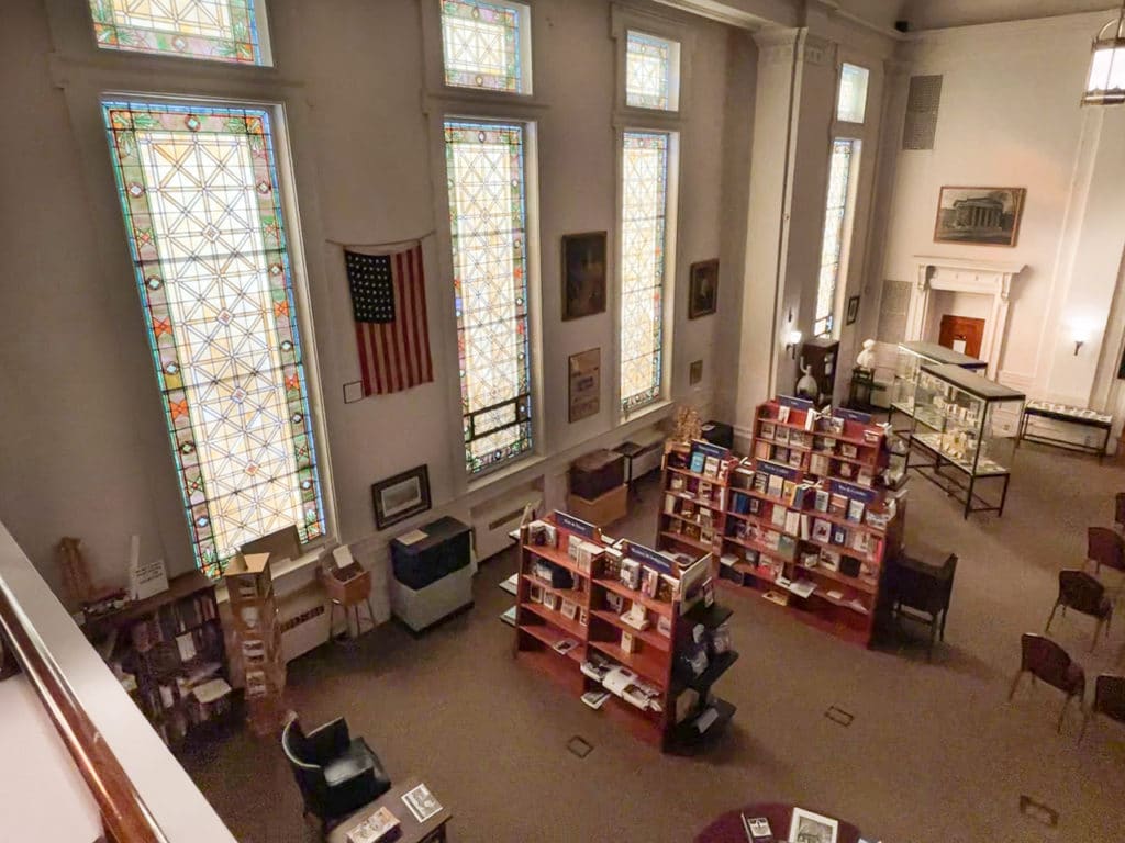Bookshelves inside the Oneida County History Center. 