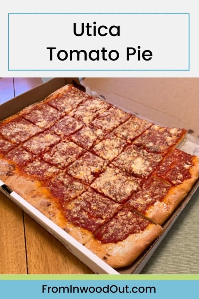 Pinterest graphic with a photo of a whole tomato pie with one piece missing. Text overlay says The Best Italian Bakeries in Utica, NY. 
