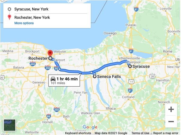 Screenshot of a Google map showing Syracuse, Seneca Falls, and Rochester, NY.