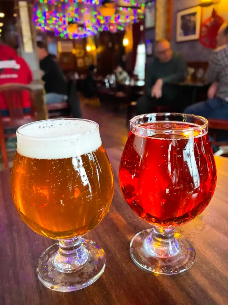 Close-up of two glasses of beer.