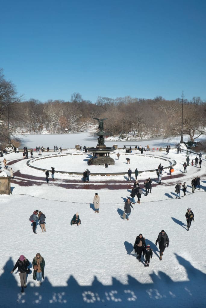 Bethesda Terrace in Central Park, New York City, covered in snow.