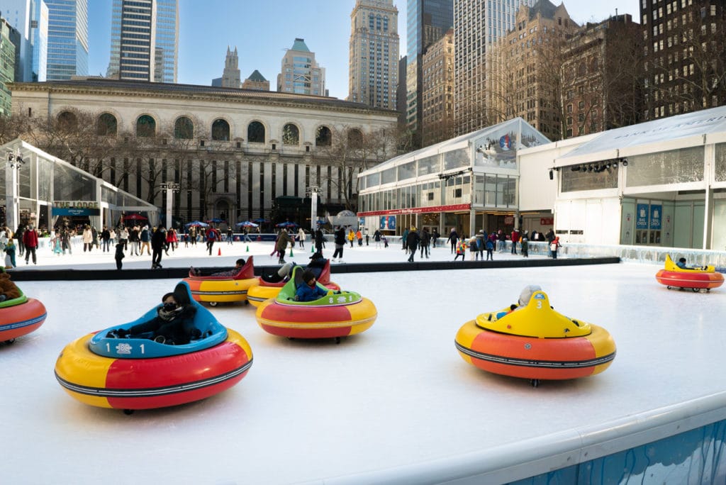 Bumper Cars on the ice skating rink at Bryant Park in New York City. 