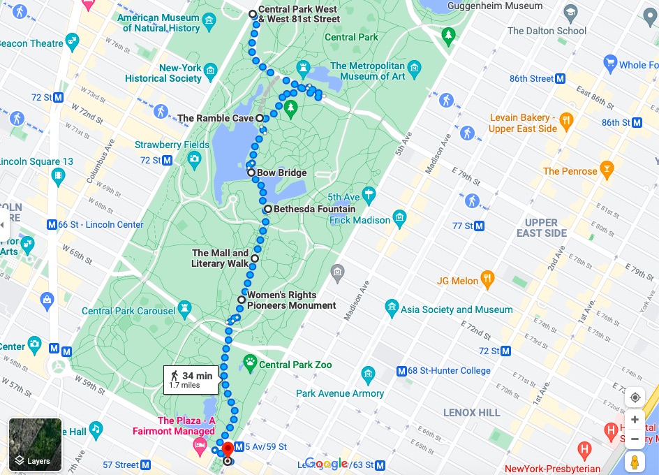 Screenshot of a Google map showing a walking route in Central Park.