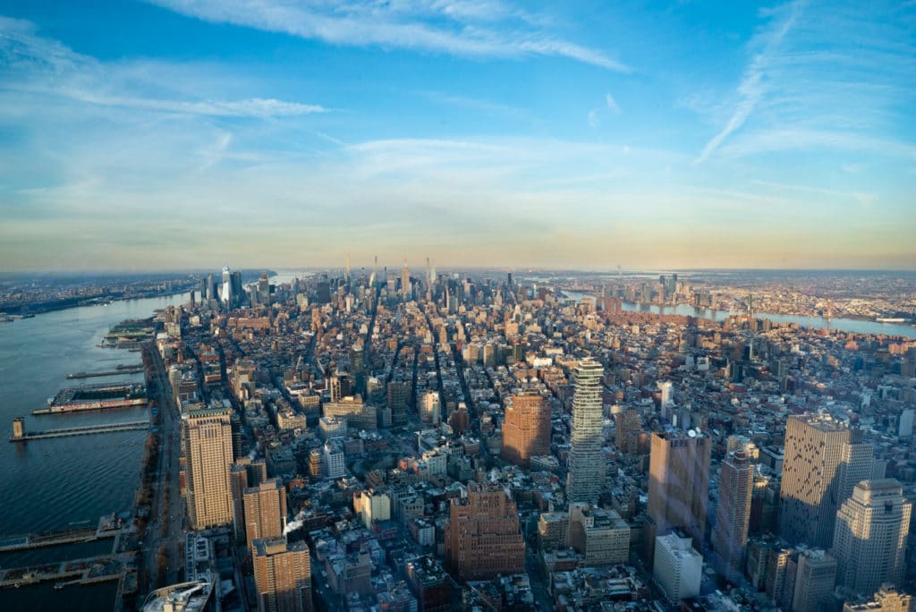 View of Manhattan skyline from One World Observatory. 