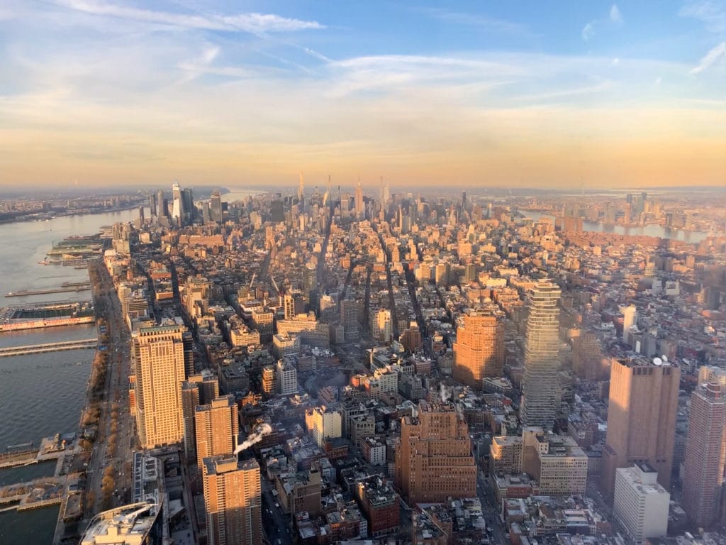 Manhattan skyline view from One World Trade observation deck. 