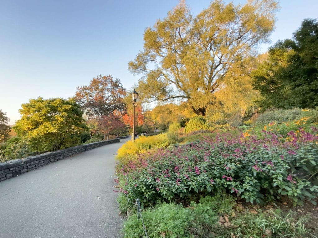 Paved path next to a garden in Fort Tryon Park, New York City. 
