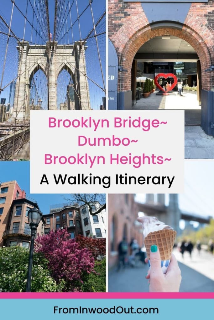 Pinterest graphic with collage of four images of attractions on and near the Brooklyn Bridge. 