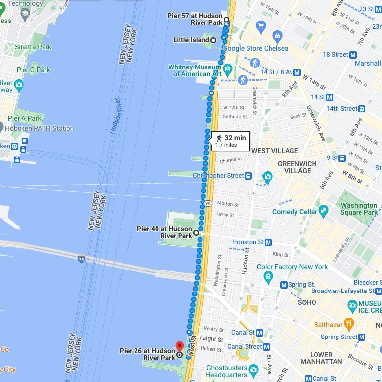 Screenshot of a Google map with a walk from Pier 57 to Pier 26 at Hudson River Park in New York City.