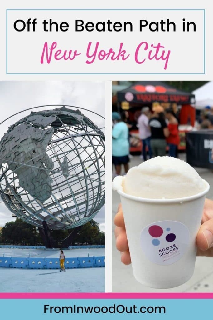 Pinterest graphic with two images: the unisphere in Flushing Meadows Corona Park in New York City, and a person's hand holding a slushy.
