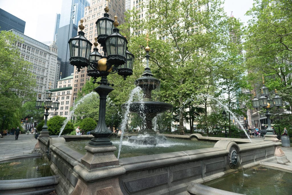 A fountain in City Hall Park in New York City.