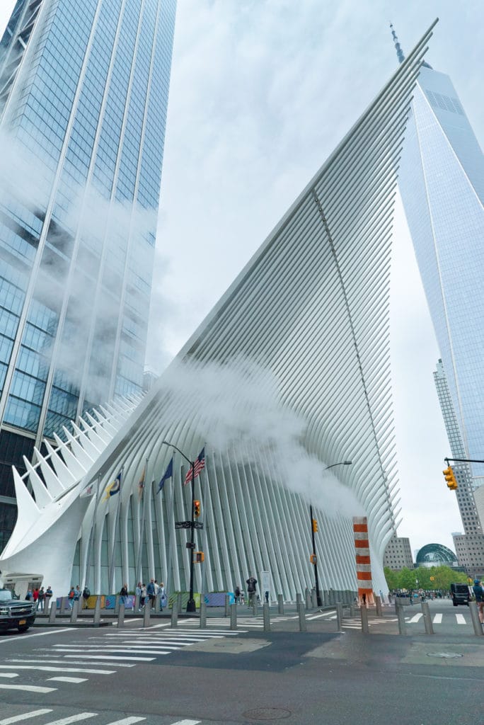 Steam rising from a subway steam vent next the Oculus in New York City.
