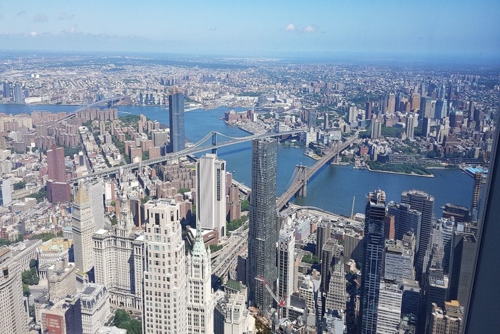 View of Lower Manhattan and Brooklyn from One World Observatory.