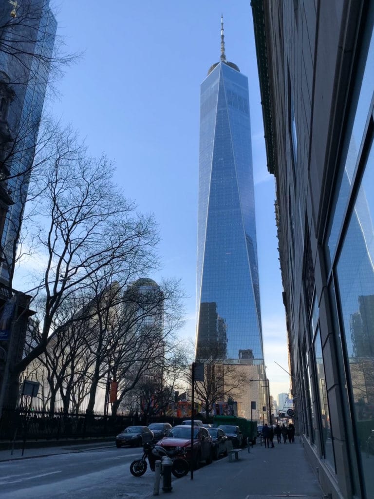 Full view of the exterior of One World Trade Center in New York City.