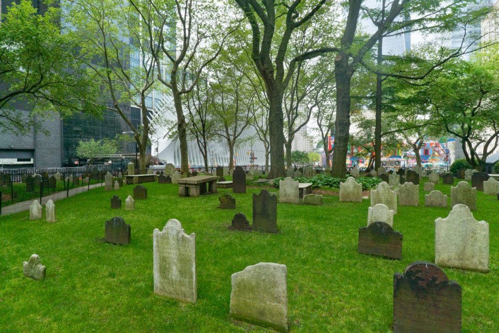 Old gravestones in the churchyard at St. Paul's Chapel in New York City.
