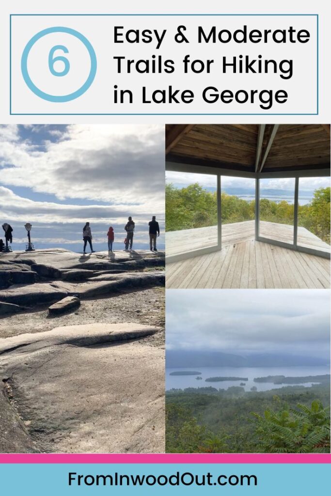Collage with three images showing scenic views from the top of various hiking trails in Lake George. 