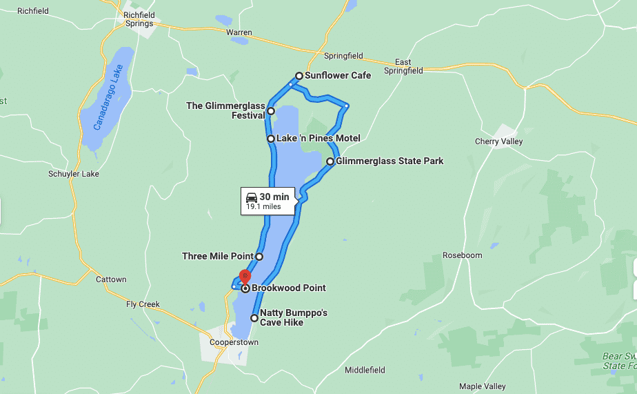 Screen shot of a Google Map showing a driving or biking route around Otsego Lake. 