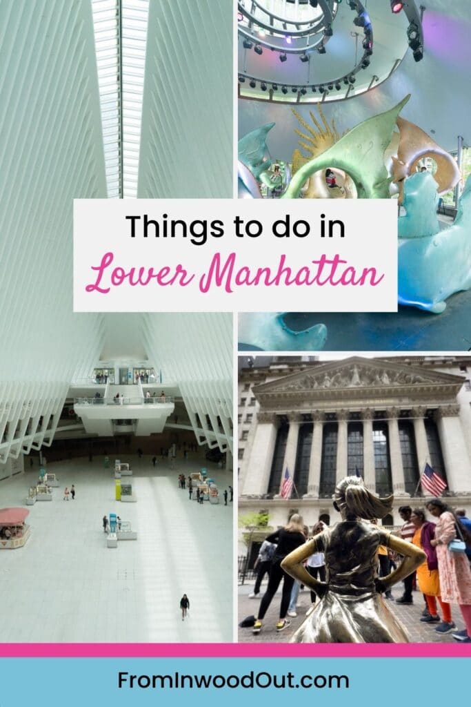 Collage of three destinations in New York City: The Oculus, SeaGlass Carousel, and Fearless Girl Statue. 