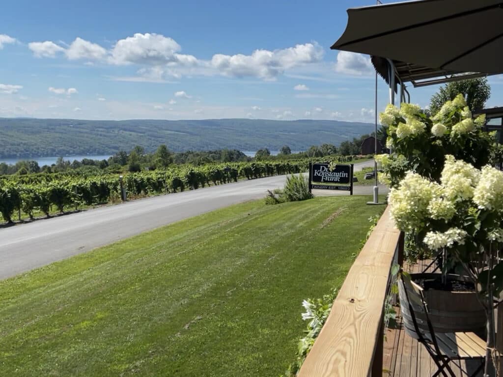 View of vineyard and Keuka Lake from Dr. Konstantin Frank Winery in the Finger Lakes, NY. 