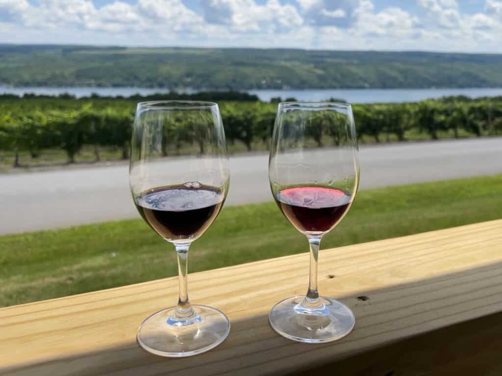 Two glasses of red wine on an outdoor wooden railing, with a view of vineyards and a lake in the background. 