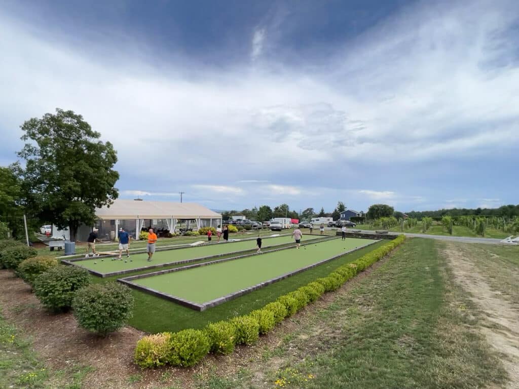 Two long and narrow bocce courts behind Point of the Bluff Winery in the Finger Lakes, NY.